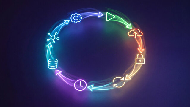 Neon circular workflow loop with process icons for automated pipeline orchestration continuous deployment and data lifecycle management concept