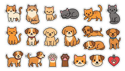 Obraz premium A collection of cartoon cats and dogs in various poses forms a colorful vector illustration puppies kittens felines canines