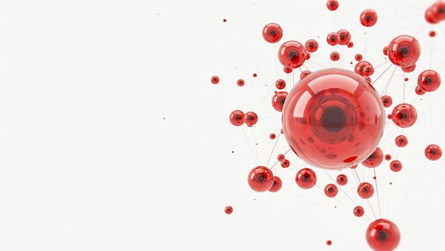A network of interconnected red glossy spheres and thin lines forming a complex molecular structure isolated on a clean white background surface