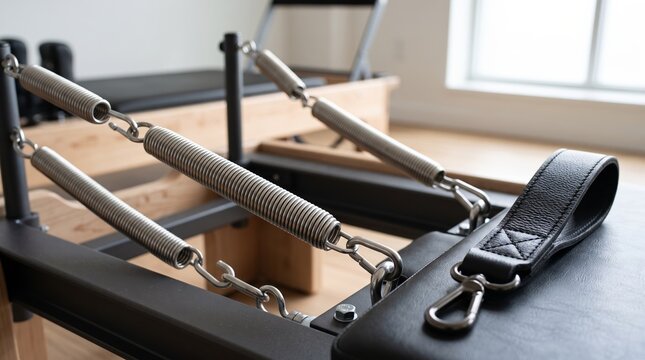 Close up view of metal springs and a black leather strap on a wooden pilates reformer machine in a modern fitness studio with bright natural lighting