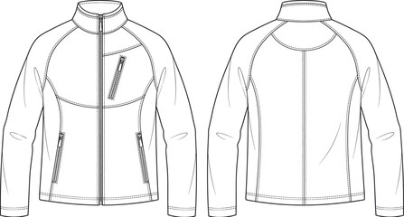 Sports Softshell Jacket Technical Flat Sketch Fashion Design Template with Front and Back View © Prasanta