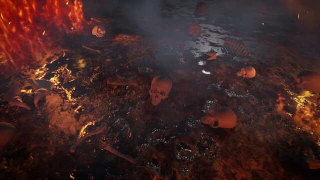 Foggy burning ground with bones zoom out