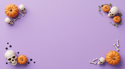 Fototapeta premium Halloween border with pumpkins and skulls on a purple background