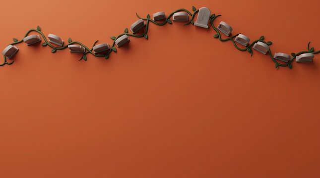 Miniature tombstones arranged in a wavy line on an orange background