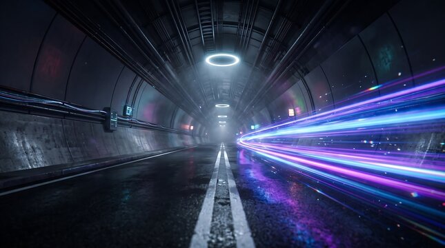 Highspeed futuristic train traveling through illuminated underground tunnel at night