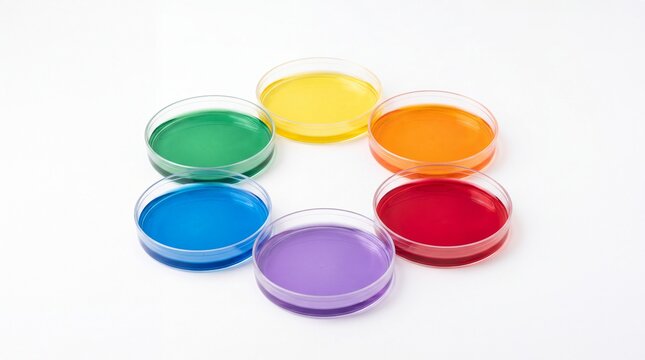 Vibrant colorful liquid samples in circular glass petri dishes arranged neatly in rows on white background