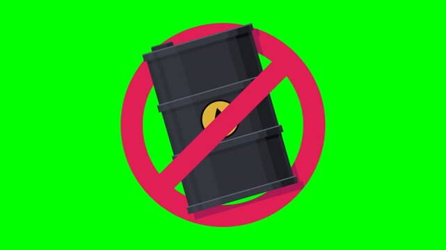 Animated oil barrel appearing with forbidden ban sign representing petroleum embargo and green energy transition. Chroma key green screen with alpha channel. (loopable)