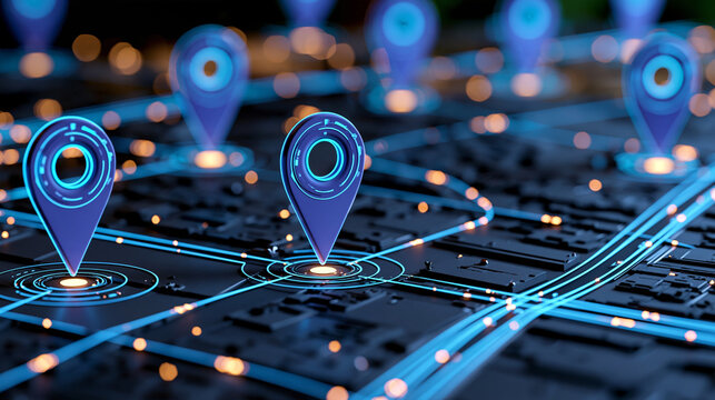 Futuristic city map with glowing business pins, search analytics and digital location networks, smart local commerce, geographic targeting, AI-powered marketing, with copy space