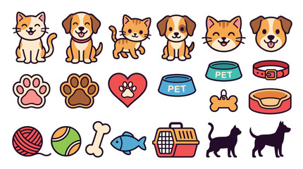 Obraz premium A collection of colorful vector pet icons depicts cats dogs accessories and related items animalcare canine cartoon cat collar