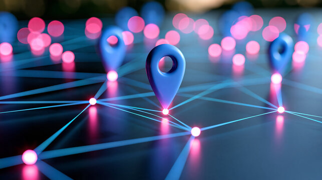 Hyperlocal marketing concept with glowing location data connecting businesses to nearby customers, personalized offers, local events, customer targeting, digital strategy, with