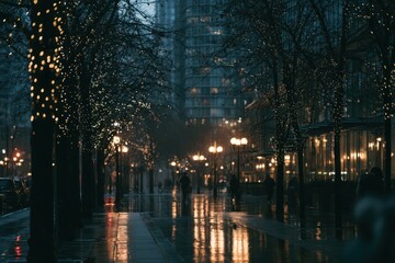 Fototapeta premium Evening Scene: Trees Wrapped in Lights Along a Sleek City Road