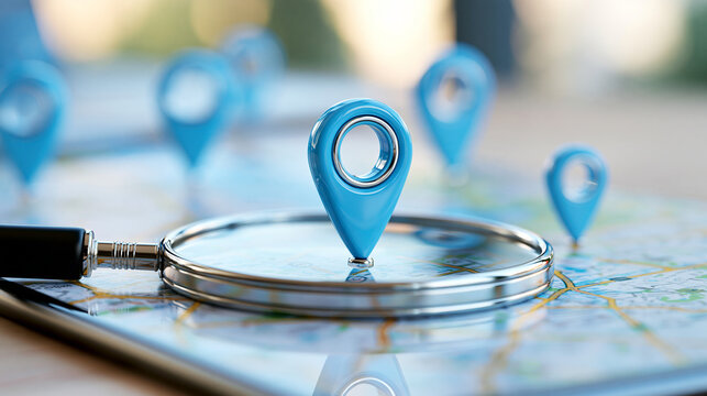 Local SEO concept with a digital map, magnifying glass and multiple business location pins, search optimization, geographic targeting, online visibility, with copy space