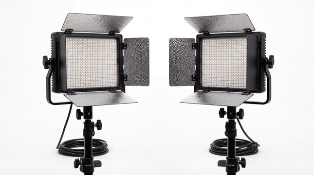 Professional led video lights with metallic barn doors mounted on black stands on white background
