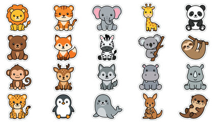 Fototapeta premium A collection of colorful cartoon animal stickers features a lion tiger elephant and other wildlife wildlife mammal fauna illustration