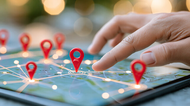 Close-up hand using a tablet with a glowing map interface and multiple local business pins, geographic targeting, local SEO, nearby customer discovery, digital marketing