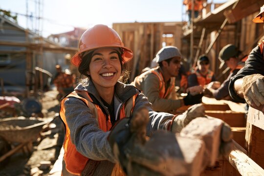 Female volunteer building a house at a sunny construction site, teamwork in action
