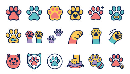 Fototapeta premium Colorful feline paw prints and cat head icons are displayed on a white background pawprint catpaw animaltrack footprint petpaw
