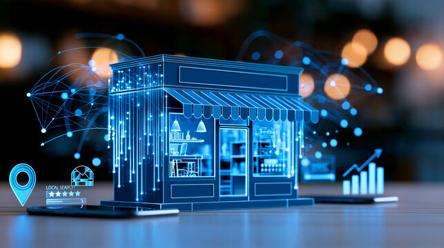 Small business digital transformation concept showing an independent shop connected to smartphones, local search, customer reviews and analytics through a glowing network, with