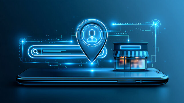 Local SEO lead generation concept with search bar, map pin, customer profile and business storefront connected through glowing digital lines, online customer acquisition, with