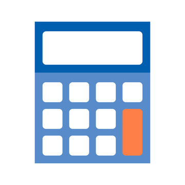 Calculator icon with blue body, white buttons and orange key for arithmetic, finance and business calculations