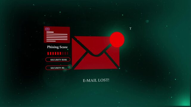 Emil Lost alert security graphic animation showing a phishing score warning indicator envelope icon with exclamation mark on dark crimson background for cyber crime concept.