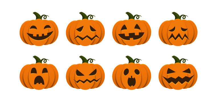 Halloween jack-o-lantern pumpkin character with funny and scary facial expressions. Cartoon vector illustration set isolated on white background
