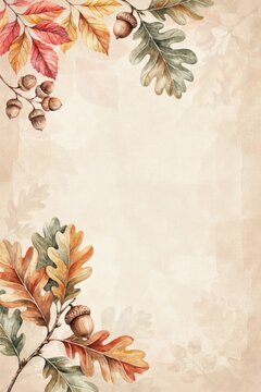 Watercolor autumn border with oak leaves and acorns on beige background