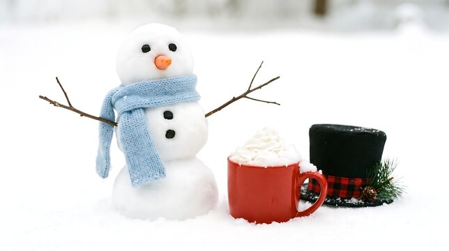 Charming snowman with carrot nose stands beside hot cocoa and a top hat in winter snow