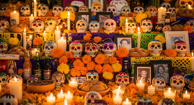 Traditional Dia de los Muertos altar decorated with sugar skulls, marigold flowers, and lit candles