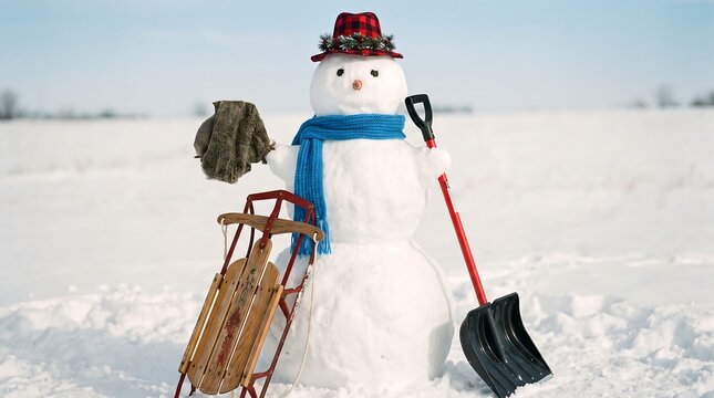 Festive snowman stands in a snowy field with winter accessories and a red sled