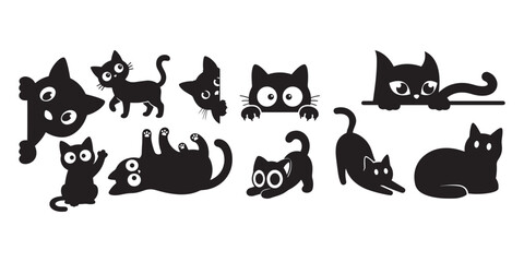 Obraz premium Black cat set with peeking kitten eyes tail and paw silhouette. Cute peeking black cat silhouette vector icon set with kitten heads looking over edge border isolated. Cute black cat vector set, play