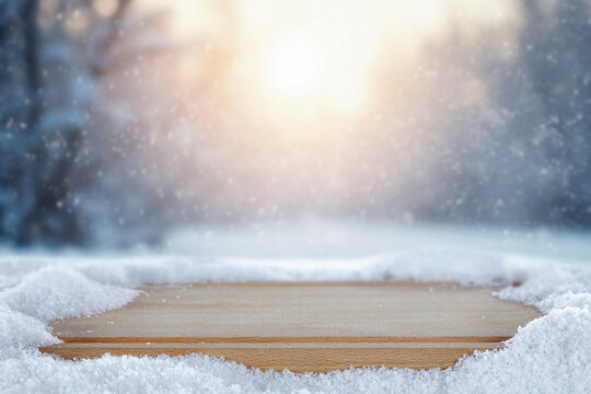 Empty wooden board with copy space in snowy winter landscape &ndash; seasonal product concept.