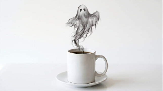 3D realistic render of a white coffee mug with dark steam forming a ghost shape. Visual concept for spooky Halloween morning coffee, autumn warm beverages, seasonal menu, and ghost stories