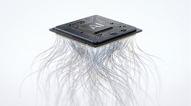 3D realistic render of an AI microchip CPU with spreading fiber optic roots and neural connections. Visual metaphor for deep learning, artificial intelligence infrastructure, data network, and growth.