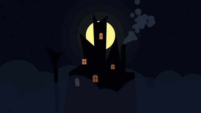 Spooky Haunted House Silhouette with Full Moon Halloween Background