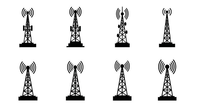 Cell tower silhouettes against a white background showcase communication technology