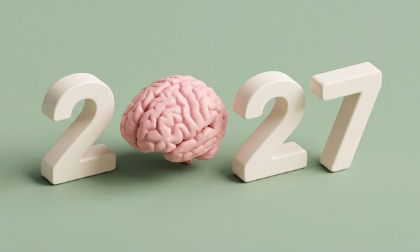 A 3D render of the year 2027 with a human brain replacing the second digit, set against a solid green background for mental health concepts
