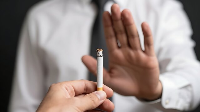 Man gesturing with a stop hand sign to refuse an offered cigarette from another person for smoking cessation, health awareness, and bad habit quitting concepts.