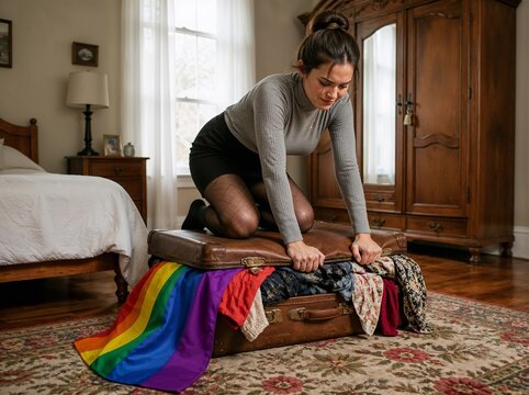 Woman Struggling to Close Overpacked Vintage Suitcase with Rainbow Flag &ndash; Travel Packing and Lifestyle Concept