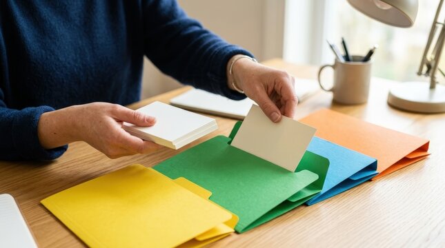 Student organizing blank paper cards into colorful folders on desk