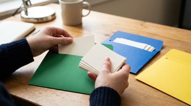 Student hands sorting blank paper cards at desk with colored folders