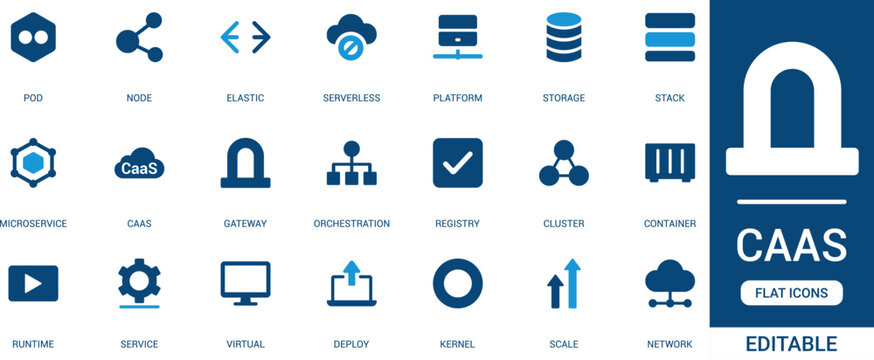 CaaS Flat Icon Set &ndash; Container, Microservice, Cloud, Gateway, Orchestration, Cluster, Runtime and Scalable Computing