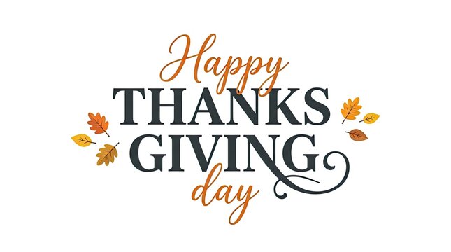 Elegant happy thanksgiving day typography design with decorative autumn leaves isolated on a white background