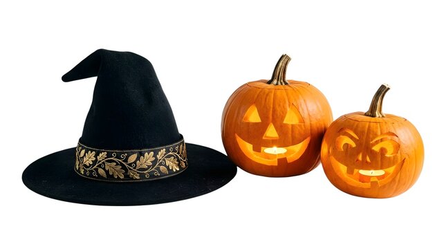 Halloween witch hat and two carved glowing jack o lantern pumpkins with pumpkins