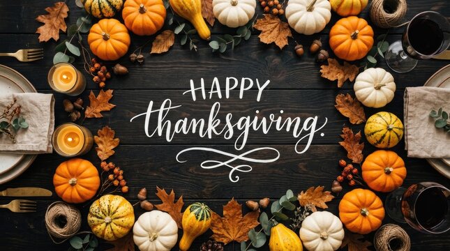 Festive thanksgiving day arrangement with pumpkins leaves and elegant calligraphy