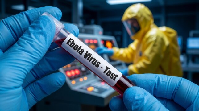 Scientist in blue gloves holding a test tube labeled "Ebola Virus - Test" with a blurred person in a hazmat suit in the background