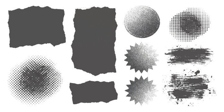 Set of black torn paper scraps and grungy halftone dot shapes for creative graphic design and texture art