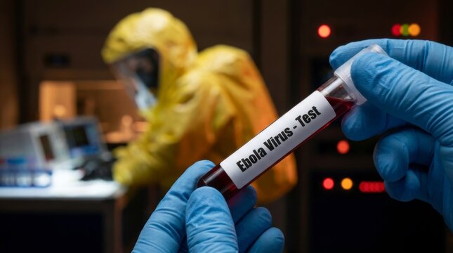 Close-up of a hand in blue medical gloves holding a test tube labeled "Ebola Virus - Test" with a person in a yellow hazmat suit in the background