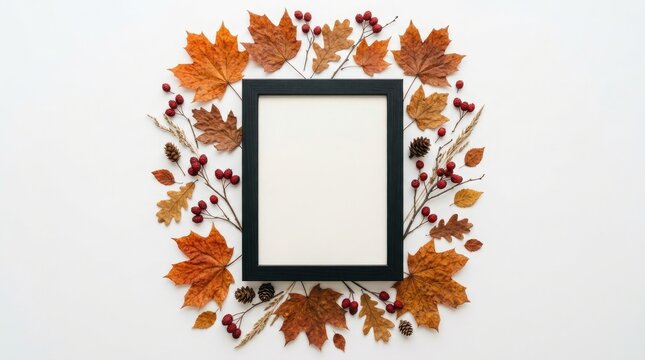 Autumn leaves framing a blank black picture frame on a bright white surface