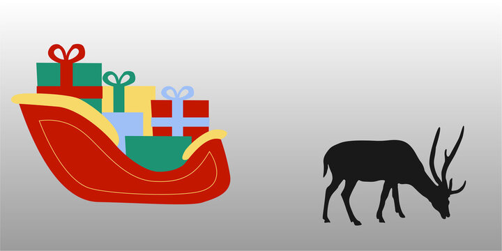 Christmas elements background with santa claus sleigh full of colorful gift boxes and dark animal silhouette